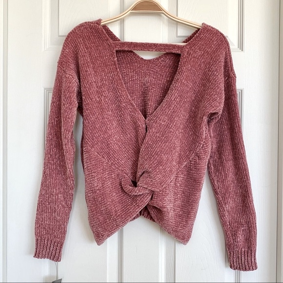🎀 Rose Pink Chenille Open Twist-Back Knit V-Neck Sweater - Picture 3 of 4